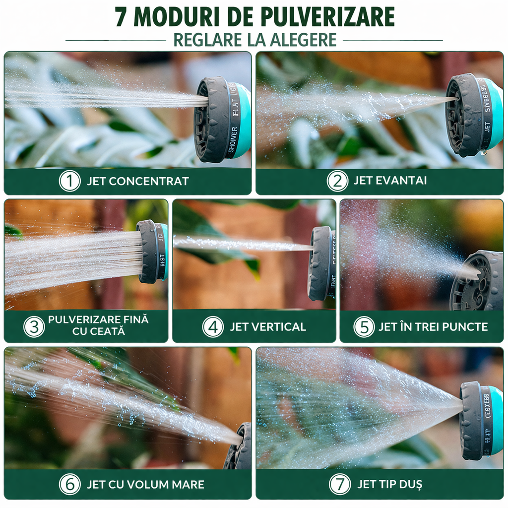 Furtun de grădină retractabil cu tambur și pistol multifuncțional, 10 m, 7 moduri de pulverizare, portabil, gri/turcoaz