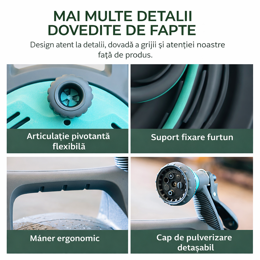 Furtun de grădină retractabil cu tambur și pistol multifuncțional, 10 m, 7 moduri de pulverizare, portabil, gri/turcoaz