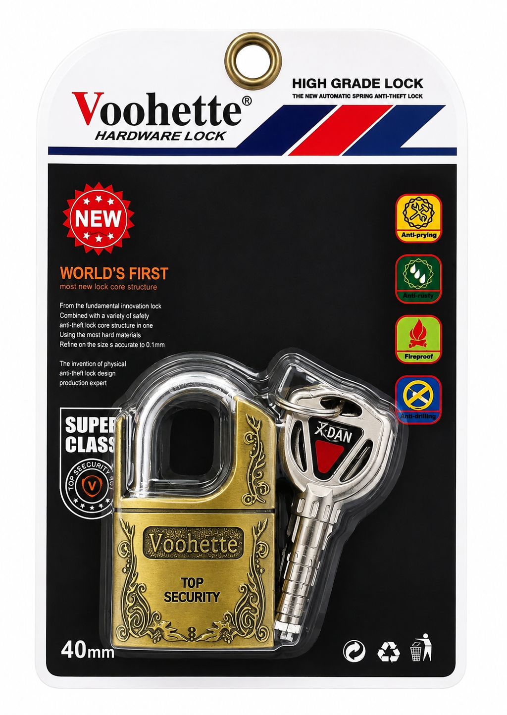 Lacăt de securitate Voohette 40 mm – Anti-rugină, Anti-găurire, Rezistent la foc