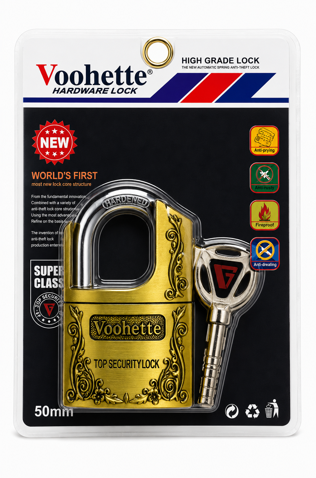 Lacăt Voohette 50 mm cu cheie, Anti-rugină, Anti-găurire, Rezistent la foc
