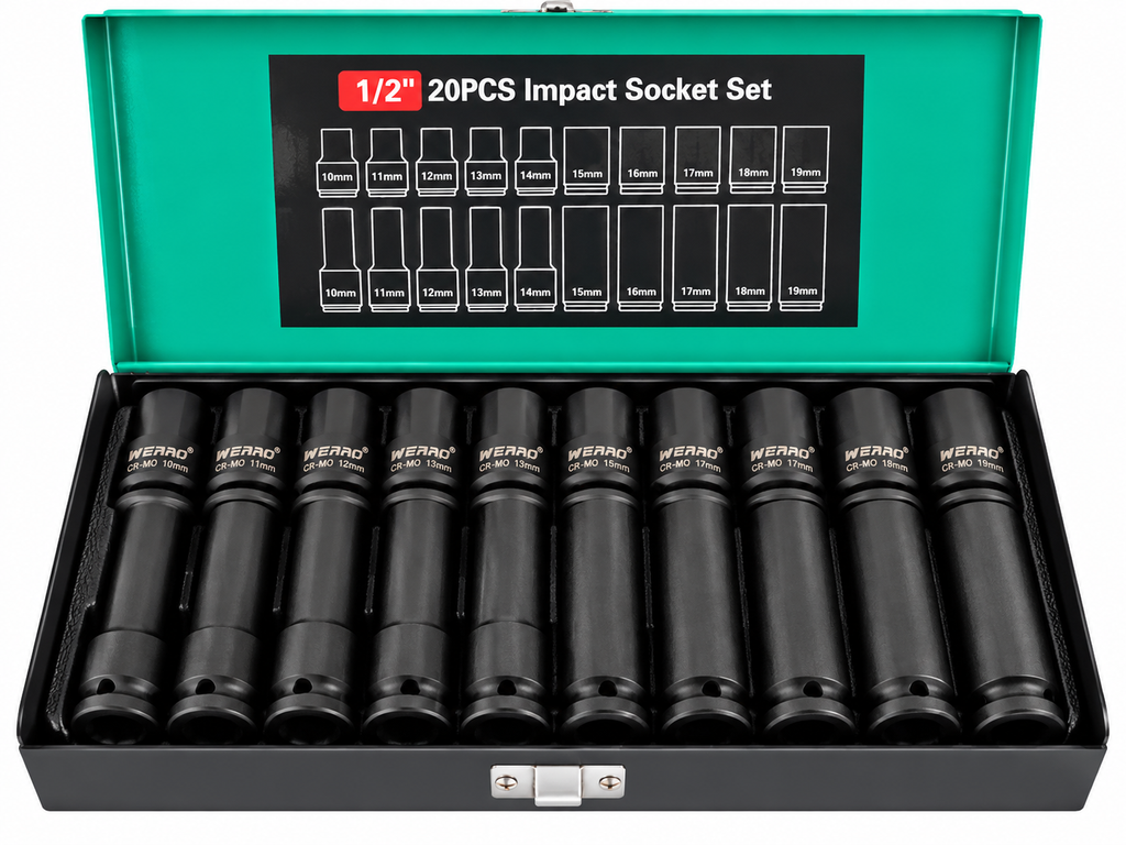 Set 20 Tubulare de Impact 1/2", Scurte și Lungi, 10–19 mm, Crom-Molibden Cr-Mo, Cutie Metalică
