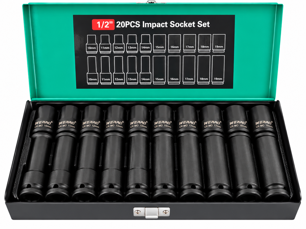 Set 20 Tubulare de Impact 1/2", Scurte și Lungi, 10–19 mm, Crom-Molibden Cr-Mo, Cutie Metalică