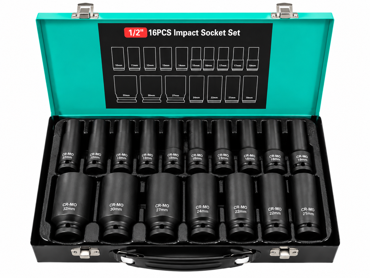 Set 16 Tubulare Lungi de Impact 1/2", 10–32 mm, Crom-Molibden Cr-Mo, Cutie Metalică