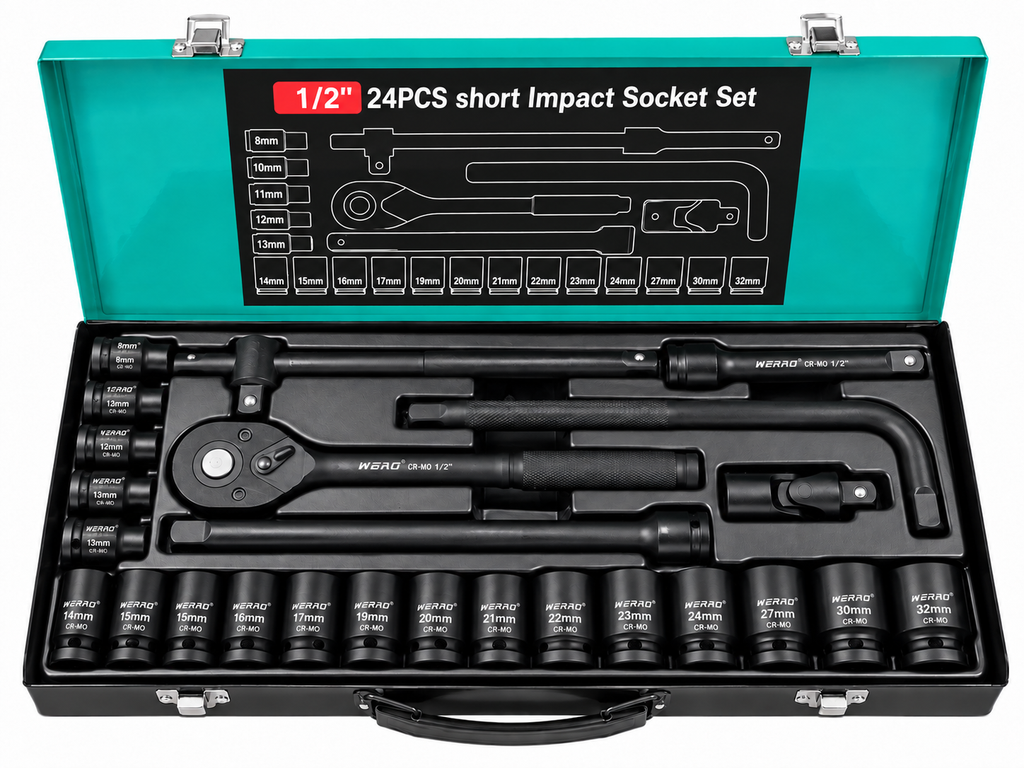 Set tubulare de impact 1/2", 24 piese, 8–32 mm, Cr-Mo, cutie metalică