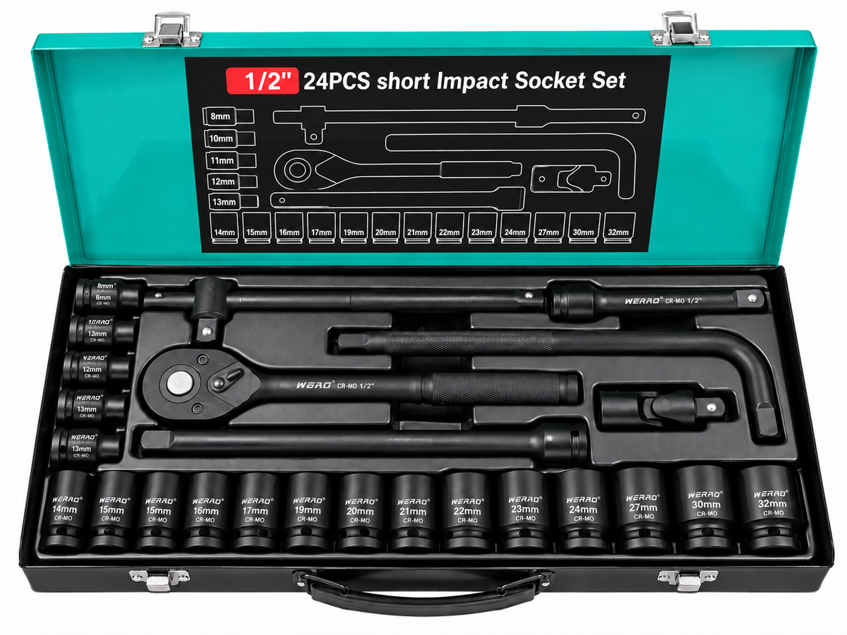 Set tubulare de impact 1/2", 24 piese, 8–32 mm, Cr-Mo, cutie metalică