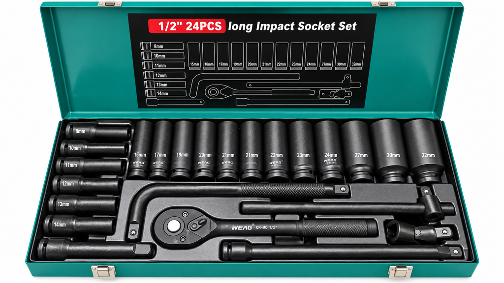 Trusa tubulare de impact 1/2", 24 piese, 8–32 mm, Cr-Mo (crom-molibden)
