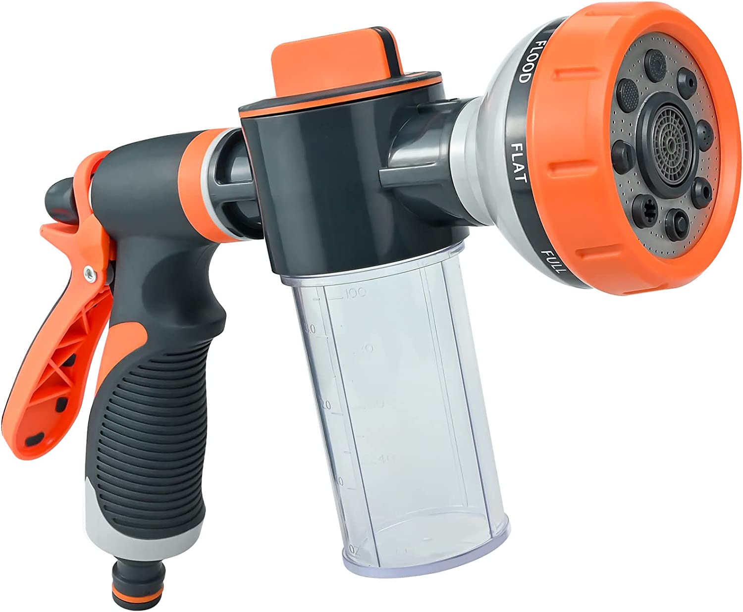 Pistol de pulverizare multifuncțional cu rezervor detergent, 8 moduri de jet, pentru udare și curățare, gri/portocaliu