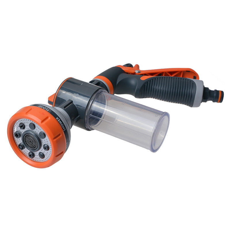 Pistol de pulverizare multifuncțional cu rezervor detergent, 8 moduri de jet, pentru udare și curățare, gri/portocaliu