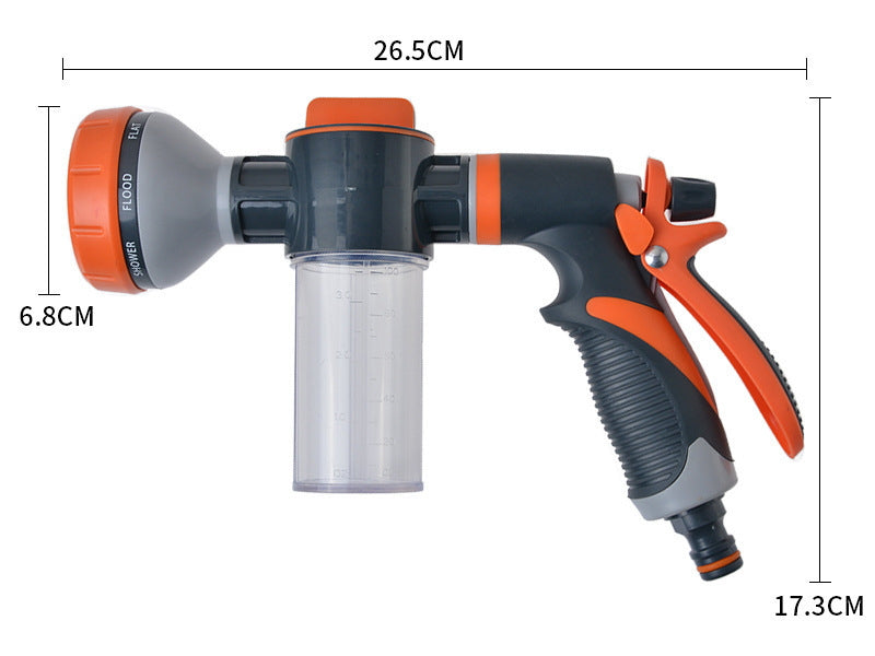 Pistol de pulverizare multifuncțional cu rezervor detergent, 8 moduri de jet, pentru udare și curățare, gri/portocaliu
