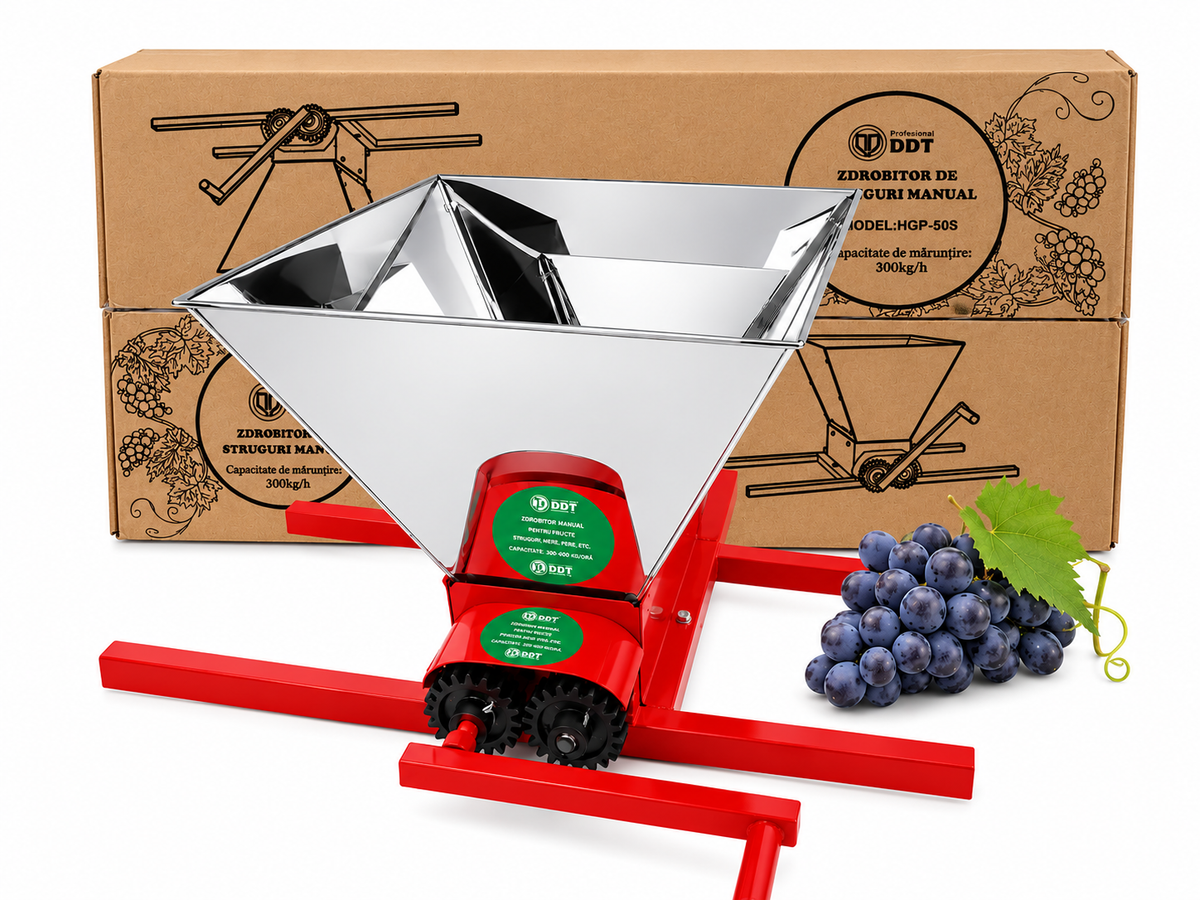 Zdrobitor manual de struguri cuva din Inox, DDT, capacitate maruntire 300 kg/h, cuva 30 l, Inox