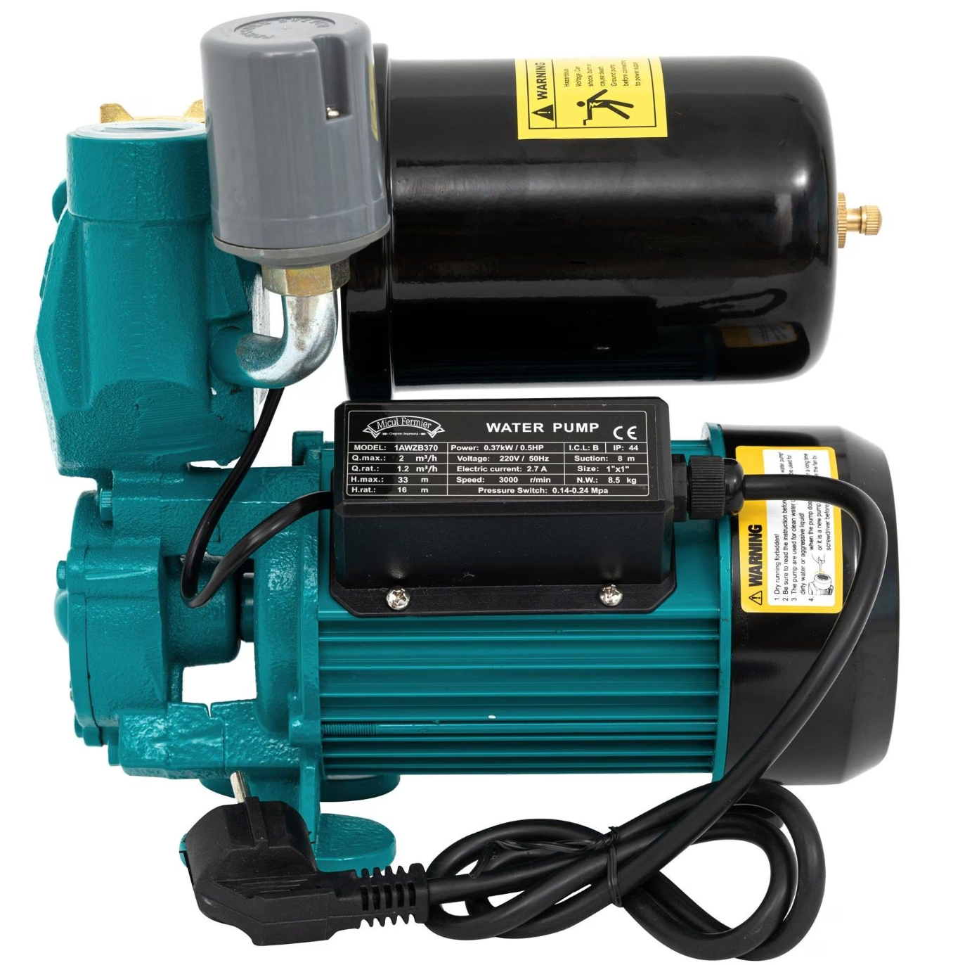 Mini hidrofor FERMAX PW370A, 0.37 kW, 2 m³/h, inaltime de refulare 33 m, vas 2 L