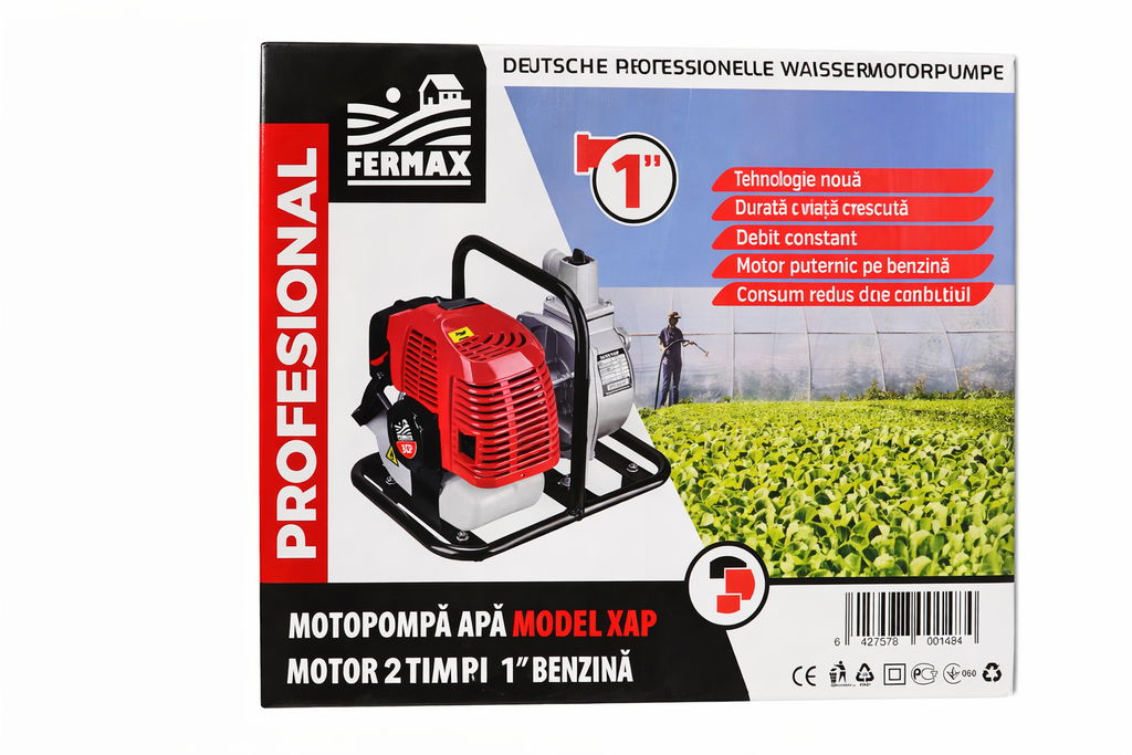 Motopompa Fermax 42.7cc, benzină 2T, racord 1", debit 8000 l/h